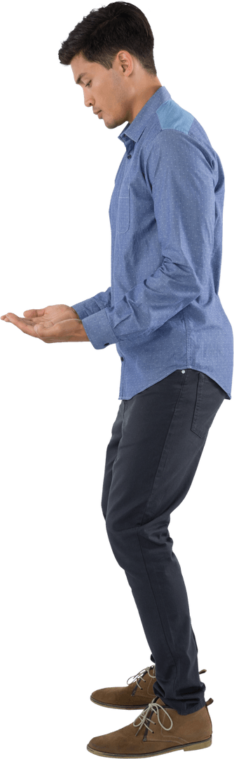 Transparent Businessman Holding Imaginary Object Side View