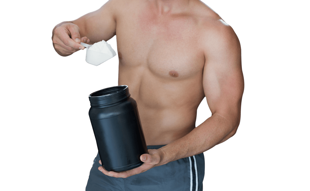 Shirtless Man Holding Supplement Container on Transparent Background