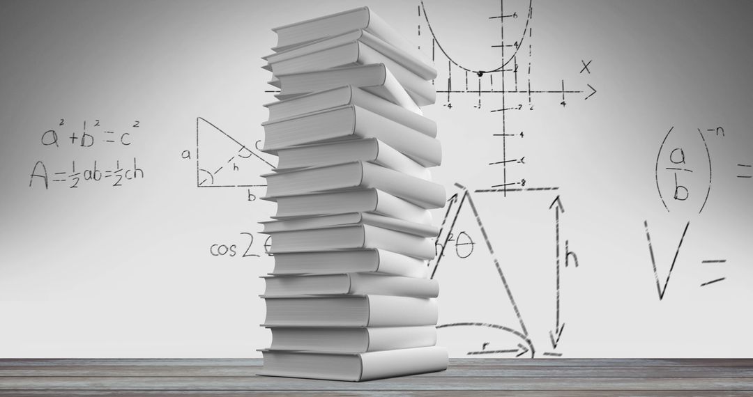 Stack of White Books with Floating Math Equations and Graphs