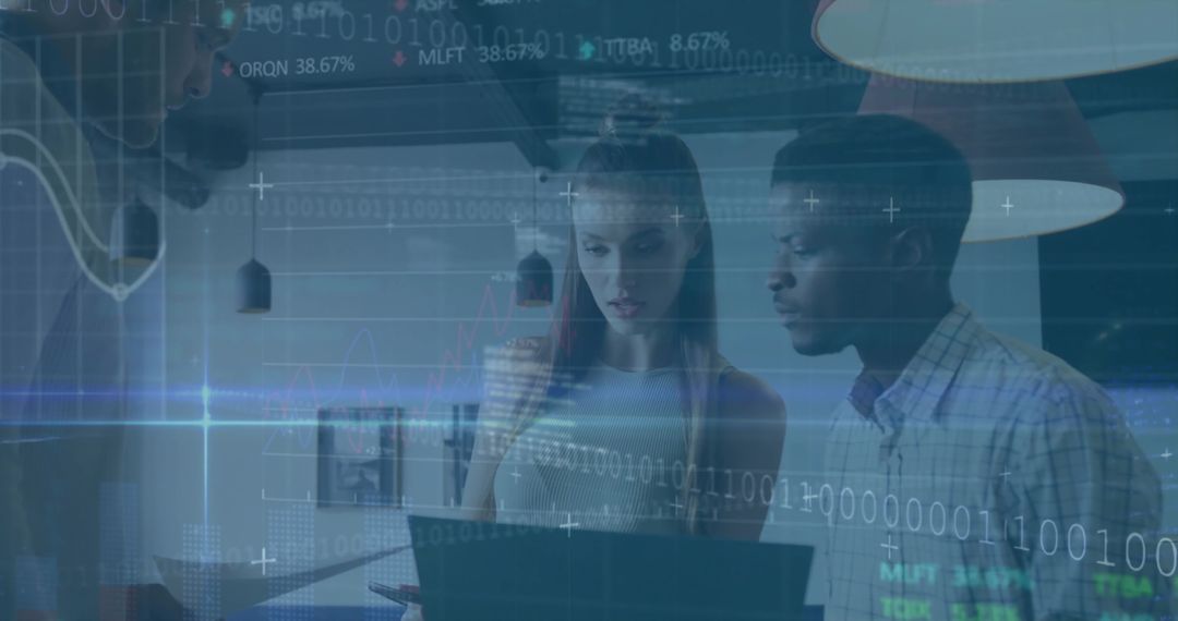 Collaborating and analyzing laptop data with futuristic digital overlay and analytics charts