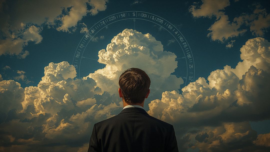 Business Professional gazing at Cloudy Horizons with Navigational Overlay
