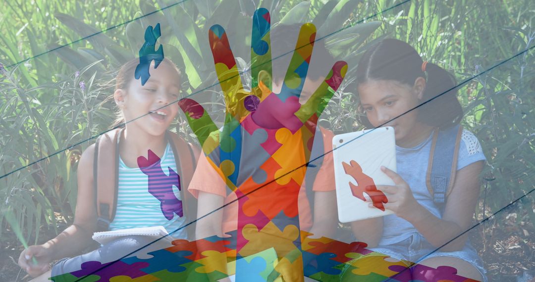 Autism Awareness Symbol with Schoolchildren Using Tablets