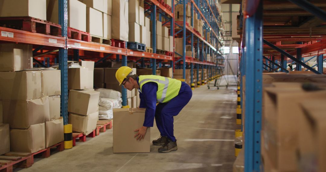 Asian male worker wearing safety suit with helmet and carrying boxes in warehouse - Free Images, Stock Photos and Pictures on Pikwizard.com