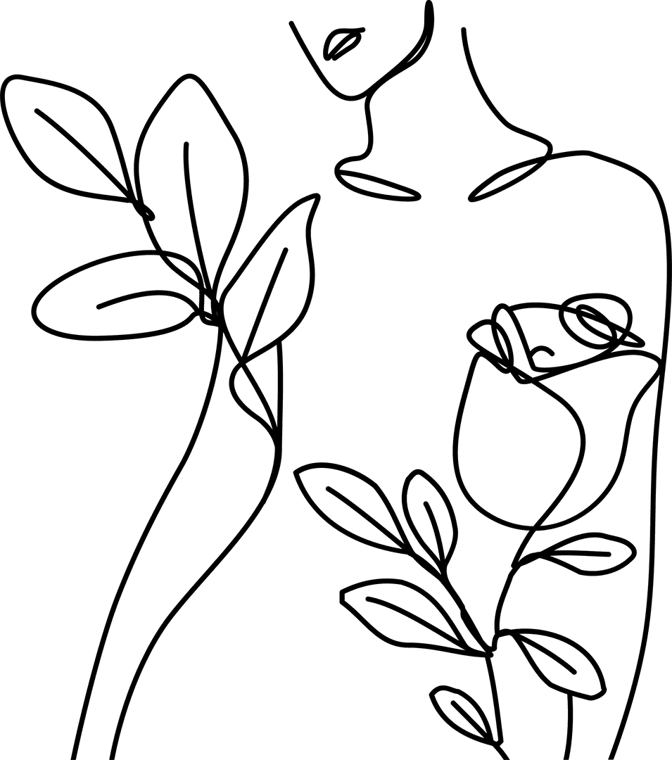 Elegant One Line Drawing of Female Bust with Roses Transparent Background