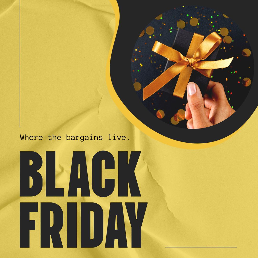 Composite of black friday text and gift on yellow and black background - Download Free Stock Templates Pikwizard.com
