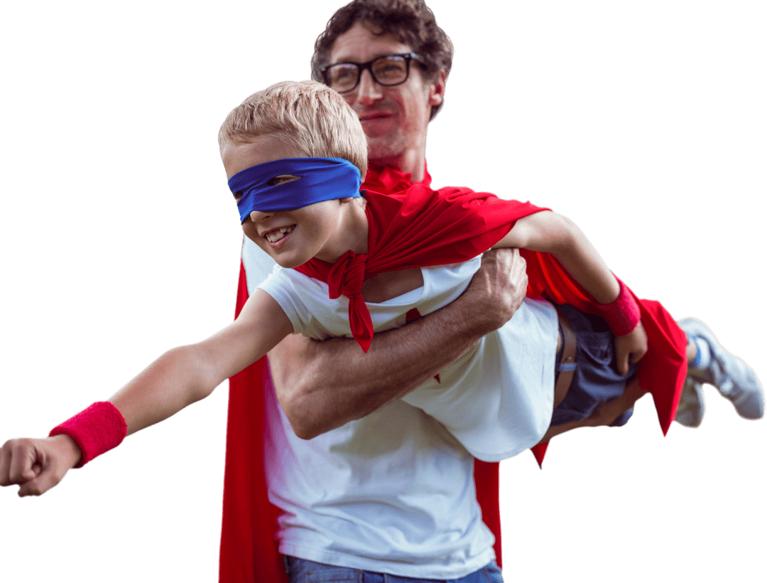 Father Carrying Son in Superhero Costume with Transparent Background
