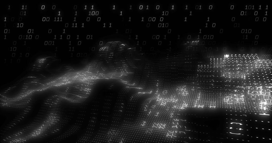 Binary Code Flow Over Digital Landscape in Monochrome