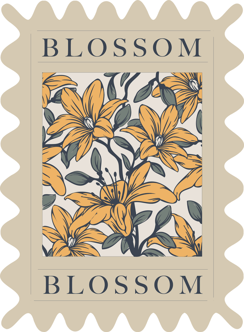 Decorative Vintage Stamp with Yellow Lilies on Transparent Background