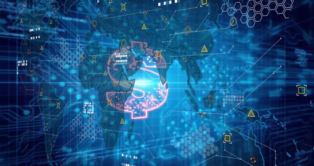 Neon Brain Icon on Futuristic Digital World Map Interface