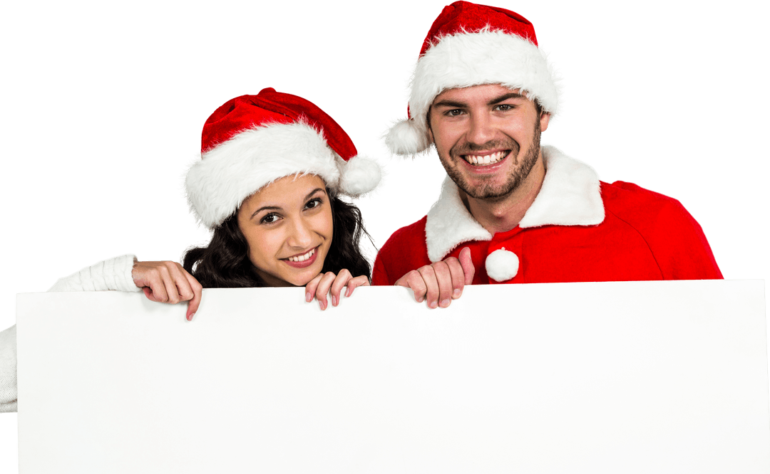 Cheerful Couple in Santa Costume Holding Blank Transparent Sign