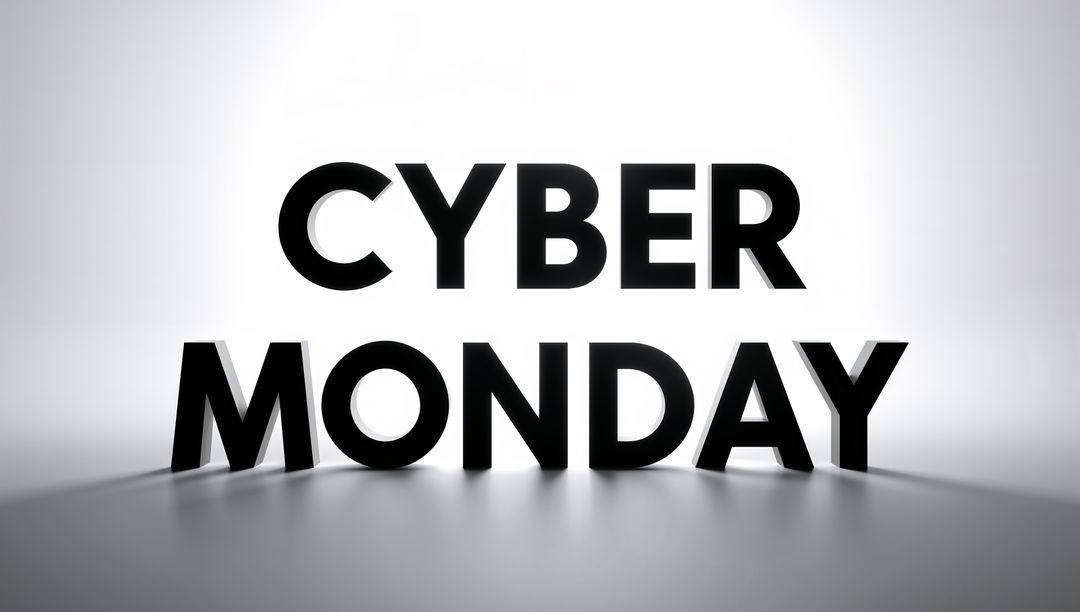 Bold 3D Cyber Monday Typography on Glossy Floor with Dramatic Backlit Shadows