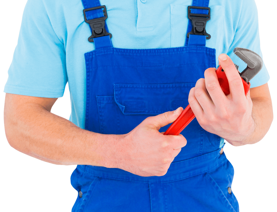 Repairman in Blue Overalls Holding Transparent Adjustable Wrench