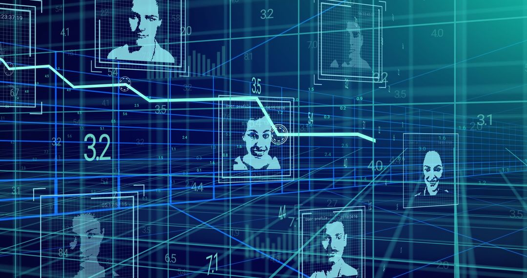 Digital Faces on Data Grid Illustrating Analytics and Security
