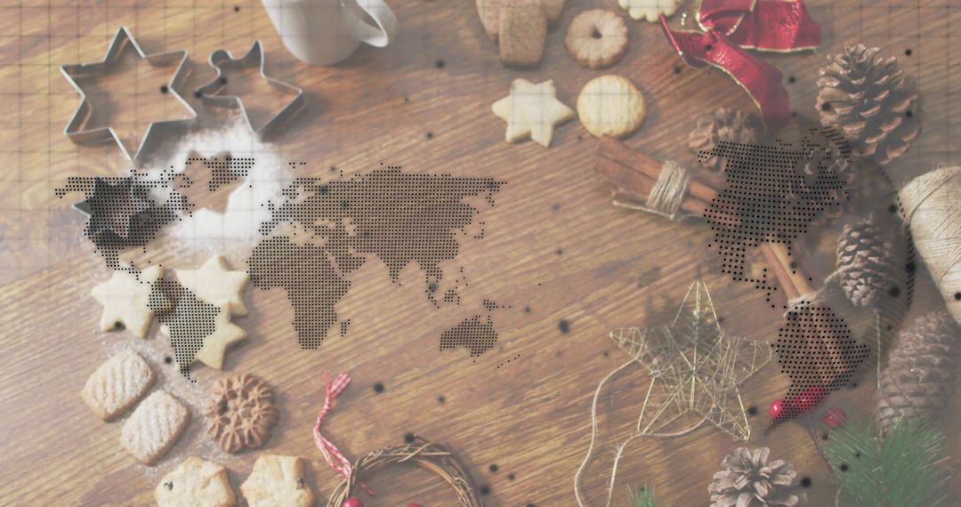 Festive holiday baking flatlay with dotted world map overlay on rustic wooden table