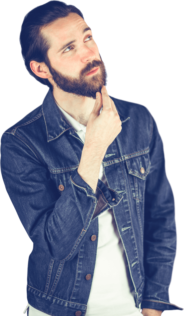 Contemplative Bearded Man in Denim Jacket Transparent Background