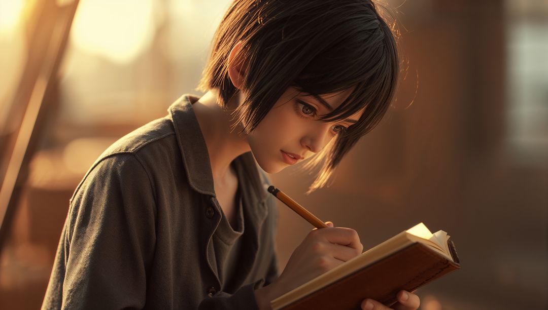 Young Student Introspectedly Writing in Leather Journal Near a Sunlit Window