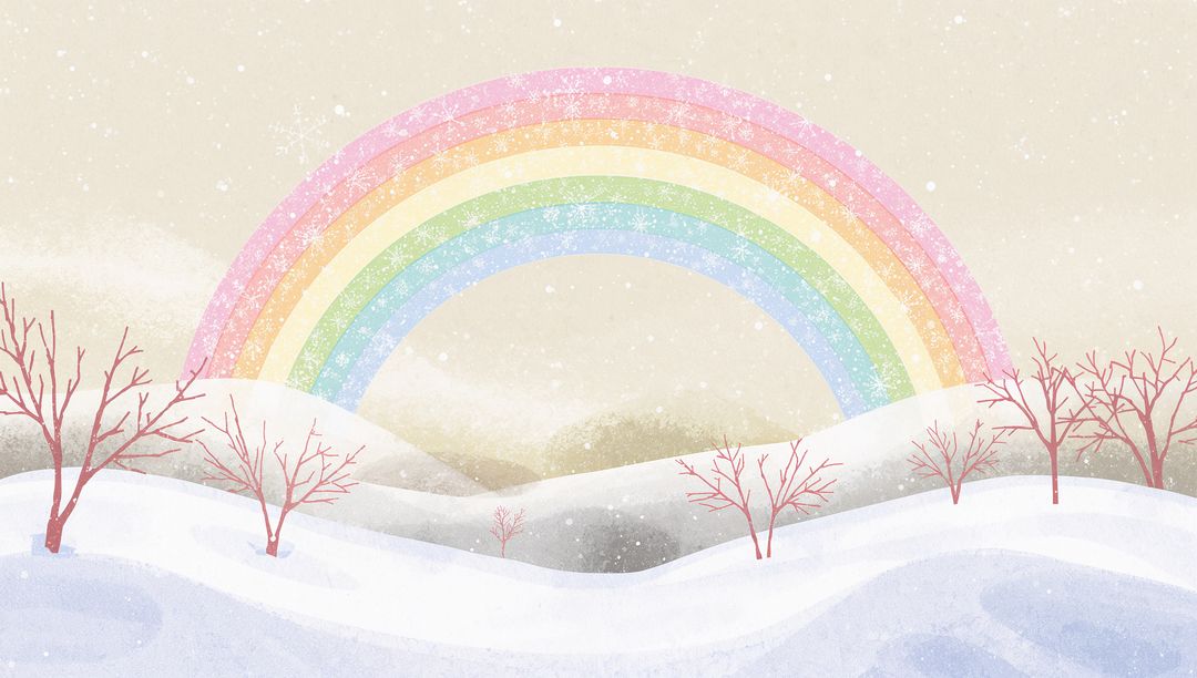 Pastel Rainbow Glowing Over Snowy Hills with Bare Red Trees and Glittering Snow