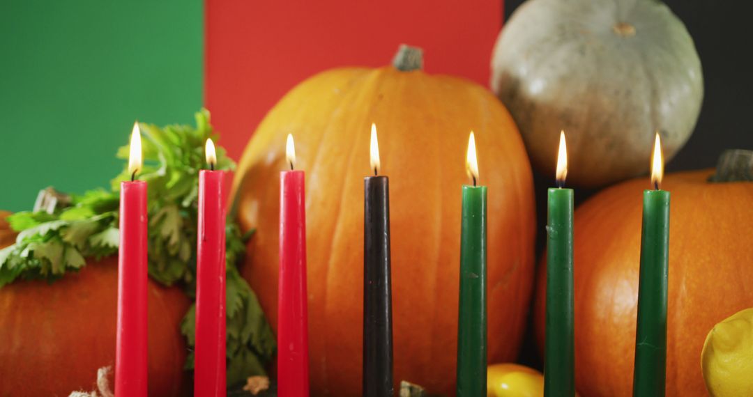 Composition of seven lit candles and halloween pumpkins and vegetables - Free Images, Stock Photos and Pictures on Pikwizard.com