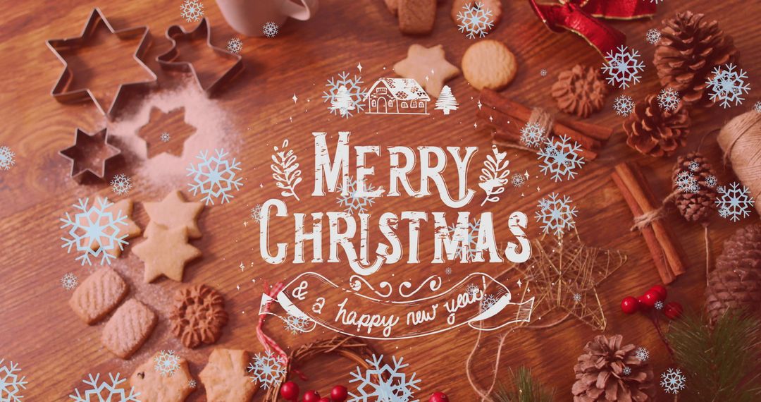 Merry Christmas Text with Festive Cookies on Wooden Table