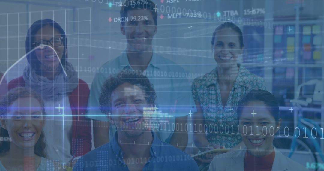 Diverse Team Collaborating on High-Tech Data Visualization Project