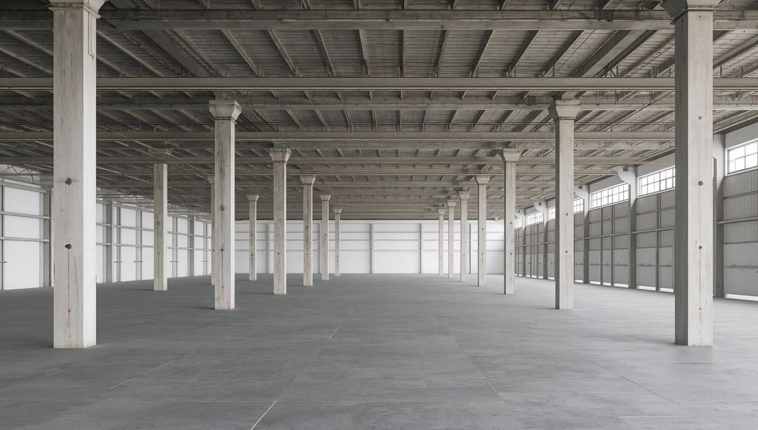 Empty Industrial Warehouse with Concrete Floor, Columns and Clerestory Windows