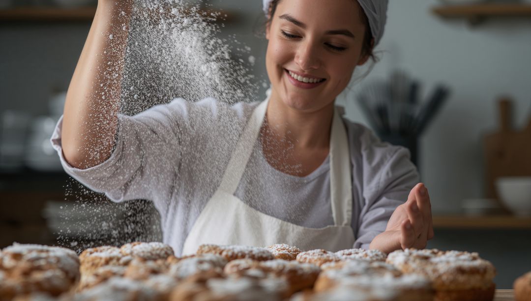 Smiling baker sprinkling powdered sugar over fresh pastries, artisan bakery morning