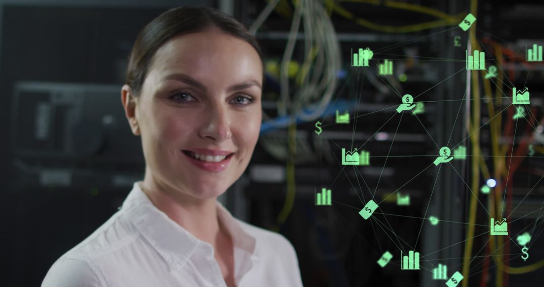 Confident IT Professional in Server Room with Financial Icons Overlay
