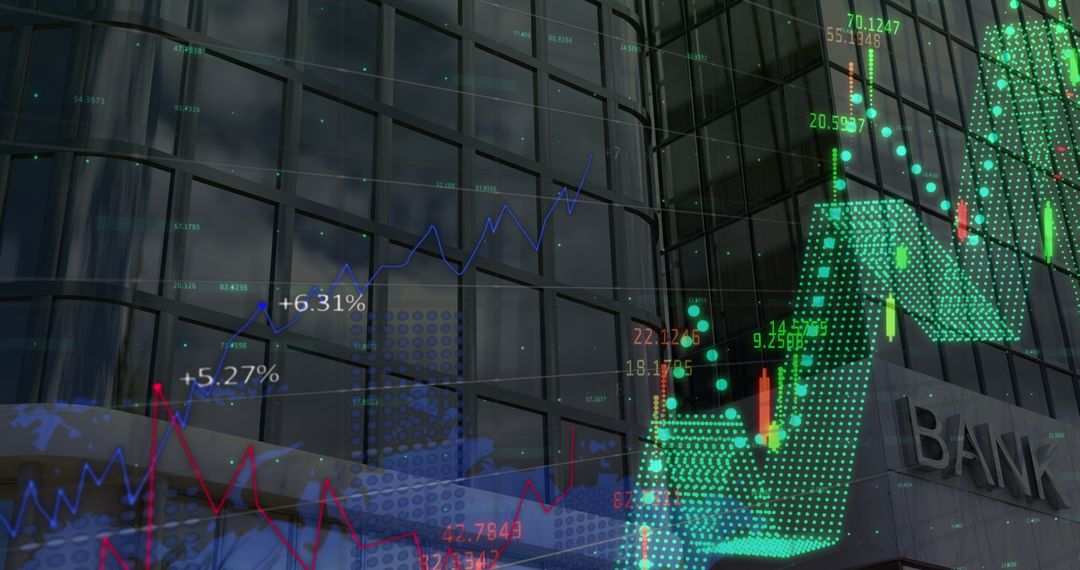 Financial Data Overlay on Modern Bank Architecture Illustrating Market Trends