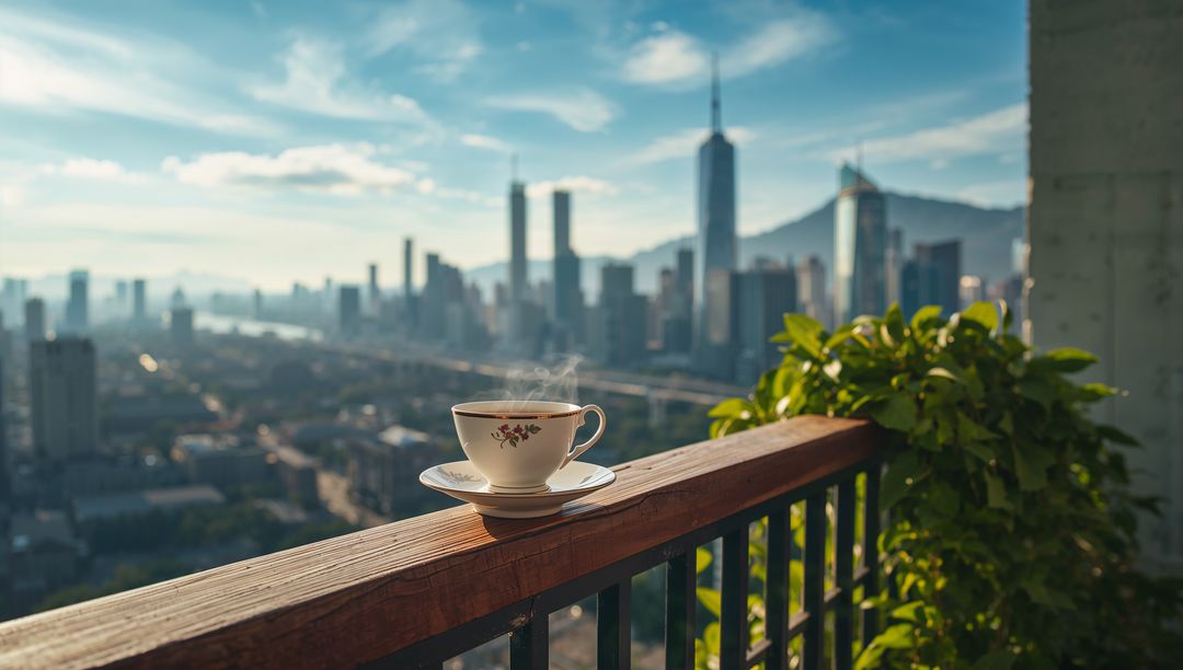 Steaming teacup sitting on balcony railing overlooking city skyline at golden hour