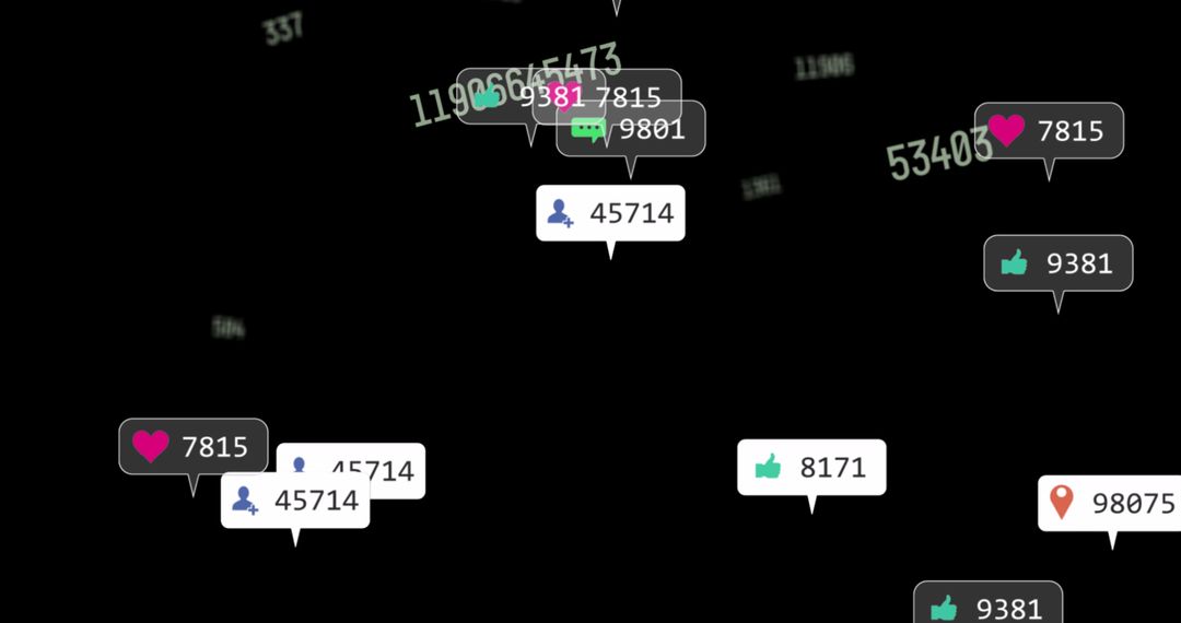 Floating Social Media Icons and Interaction Metrics on Black Background