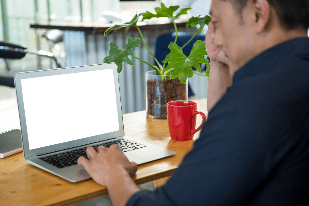 Transparent Screen: Businessman Working on Laptop Office Desk