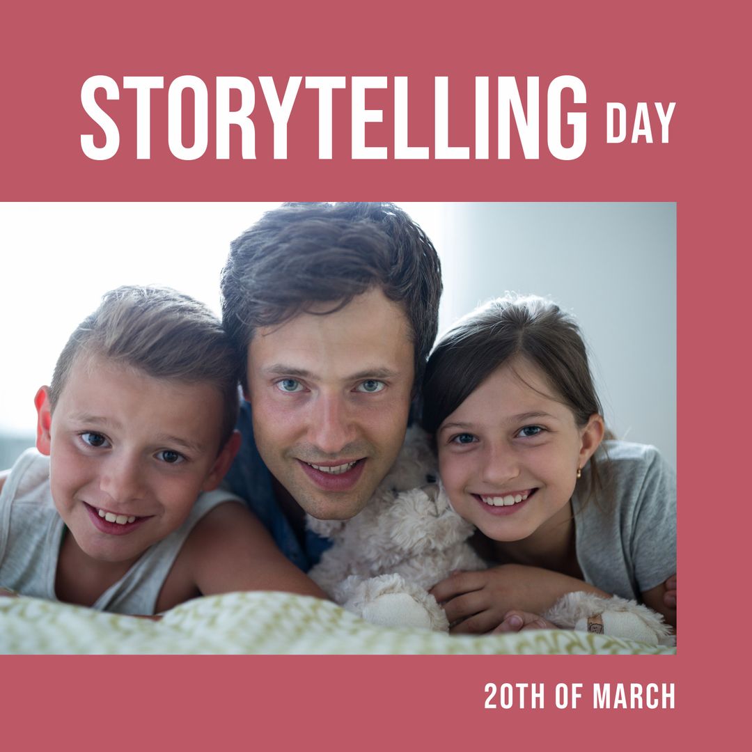 Happy Storytelling Day with Smiling Family Lying on Bed