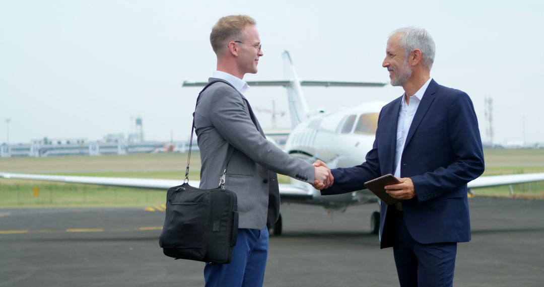 Businessmen Shaking Hands at Airstrip with Private Jet in Background - Free Images, Stock Photos and Pictures on Pikwizard.com