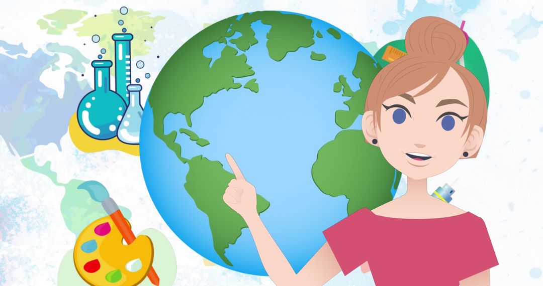 Young Woman Explaining Global Knowledge with Educational Icons
