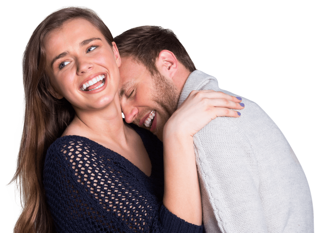 Transparent Smiling Young Couple Embracing Joyfully