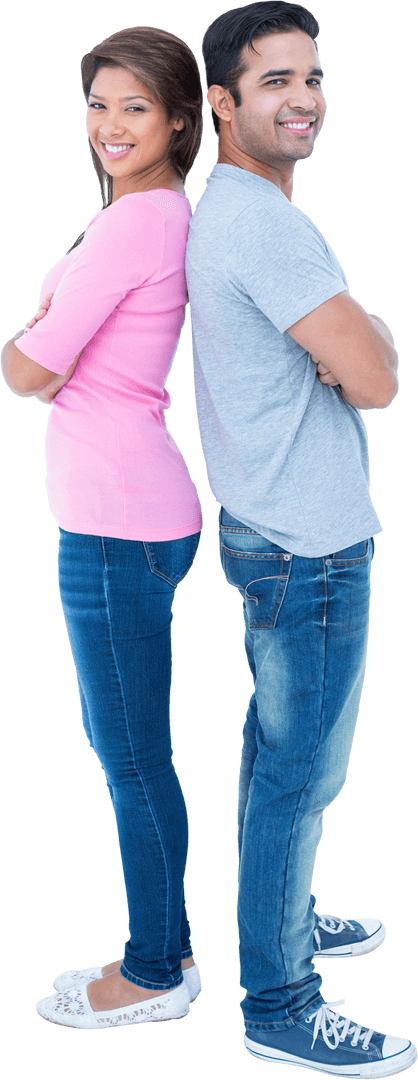 Happy couple standing back to back on transparent background