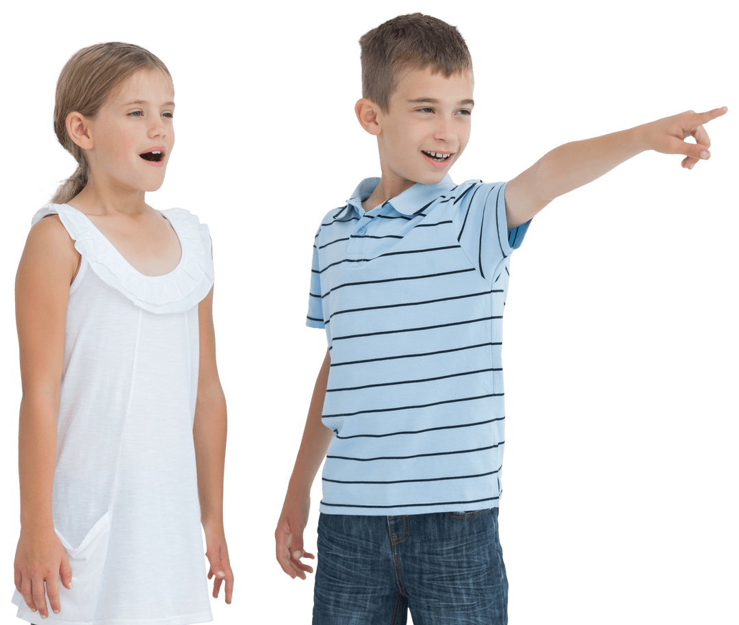 Young Siblings Enthusiastically Pointing Upwards on Transparent Background