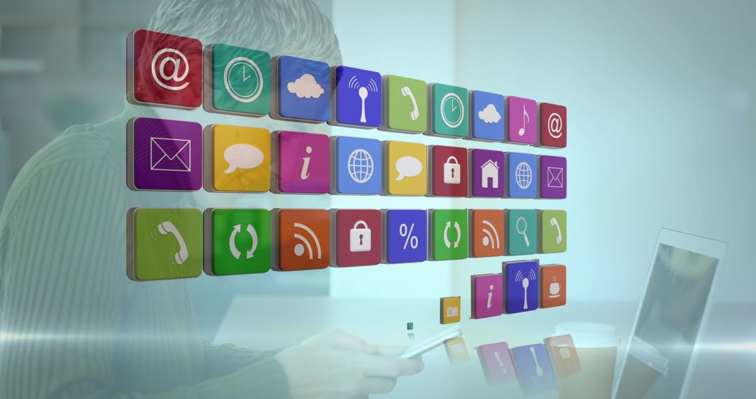 Colorful Digital Interface Icons with Laptop Background