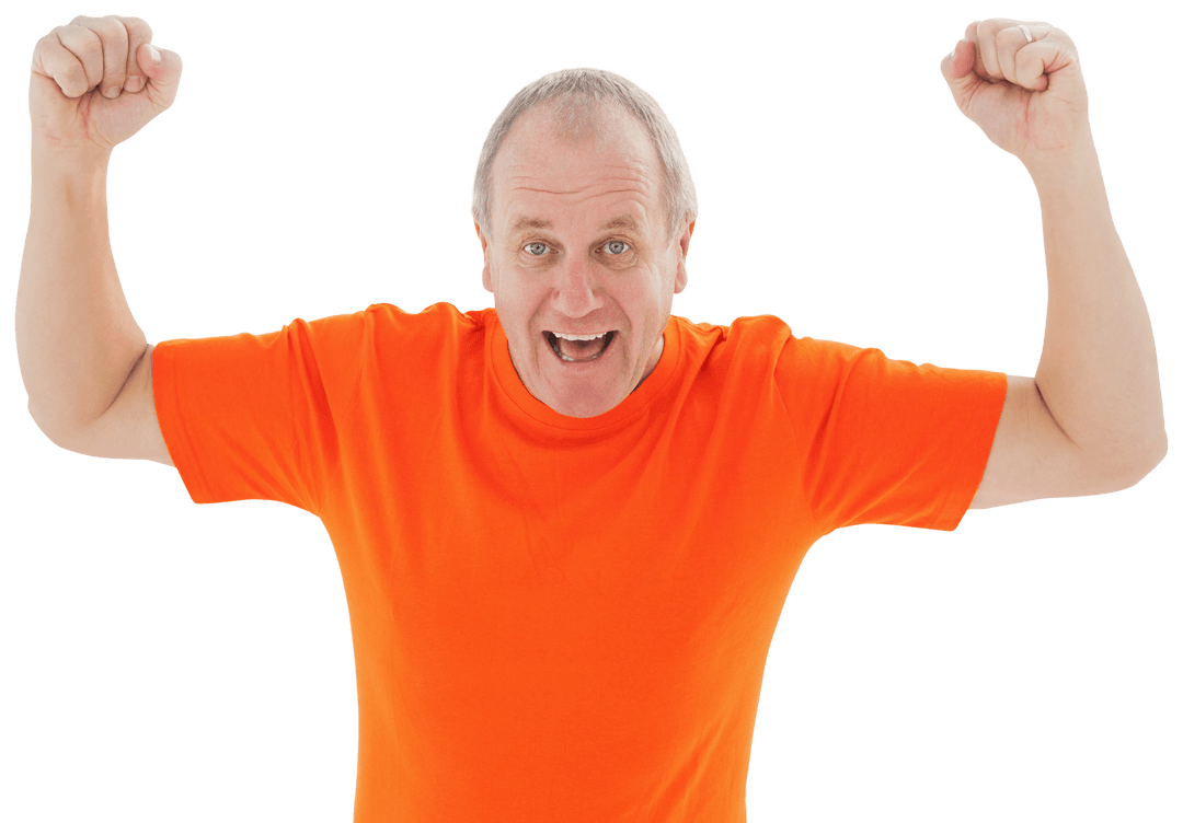Mature Man in Orange T-Shirt Cheering with Excitement Transparent