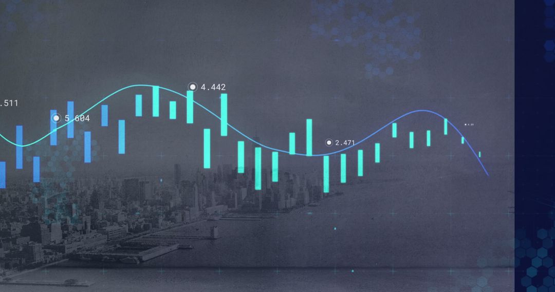 Financial Data Analysis Overlaying Cityscape Background