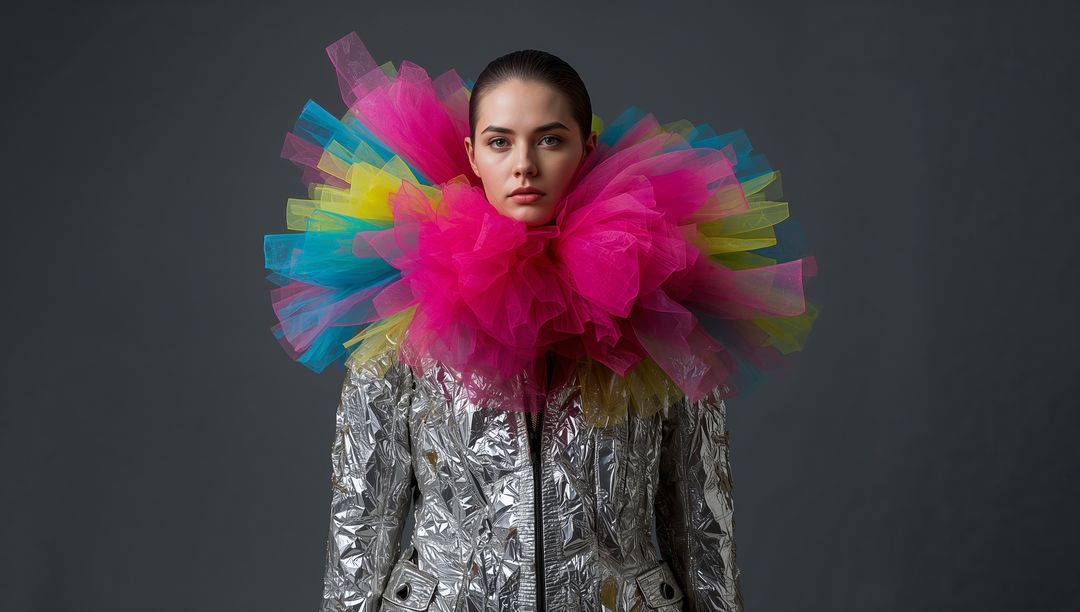 Avant-garde model wearing metallic silver crinkle jacket and neon multicolor tulle ruff editorial