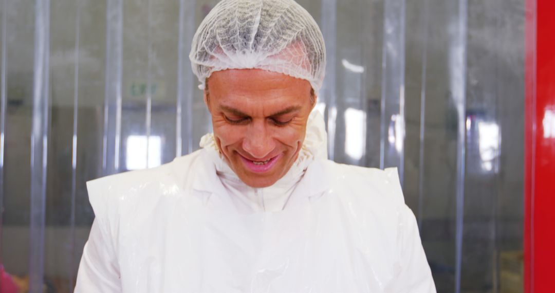 Caucasian Worker in Protective Suit Smiling in Meat Factory - Free Images, Stock Photos and Pictures on Pikwizard.com