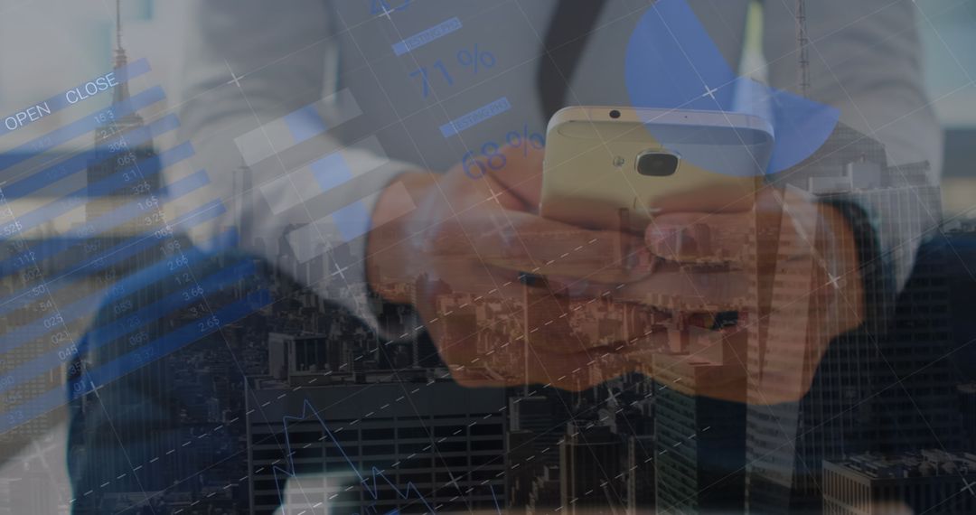 Businessman Using Smartphone Amid Financial Data Graphics