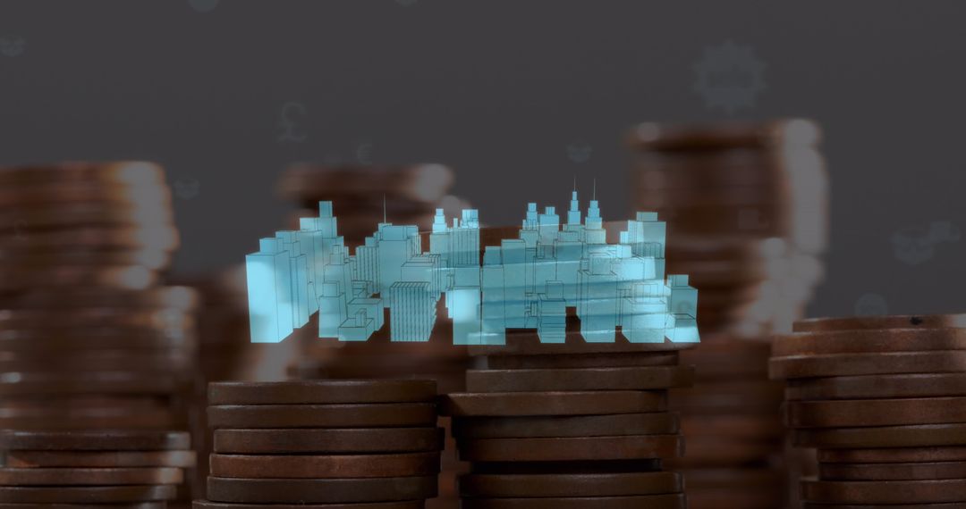 Futuristic Financial Growth Concept with Coin Stacks and Holographic Skyline