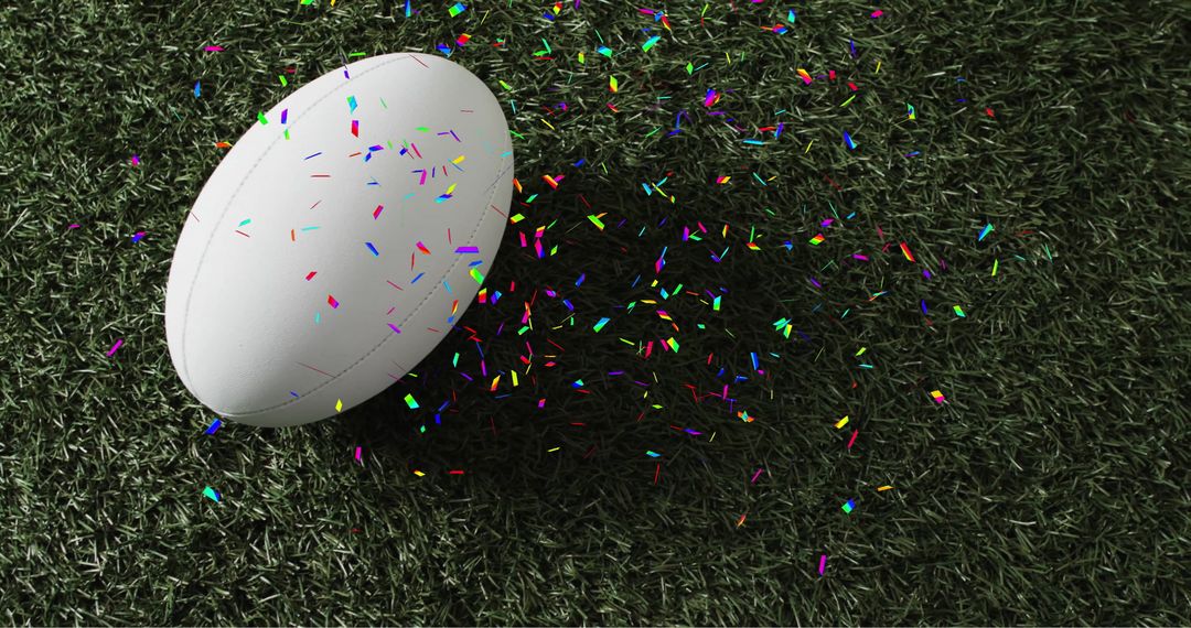 White Rugby Ball with Colorful Confetti on Grass Field