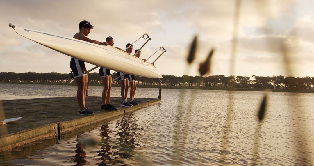 Four Athletes Preparing Rowing Boat on Lake Dock at Sunrise - Free Images, Stock Photos and Pictures on Pikwizard.com