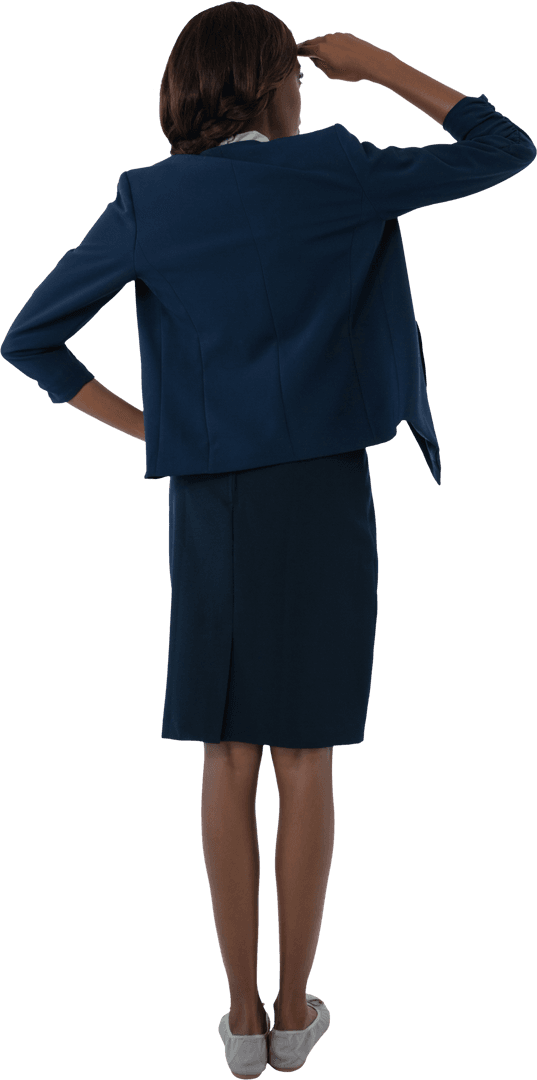 Transparent Rear View of Businesswoman Shielding Eyes in Formal Attire