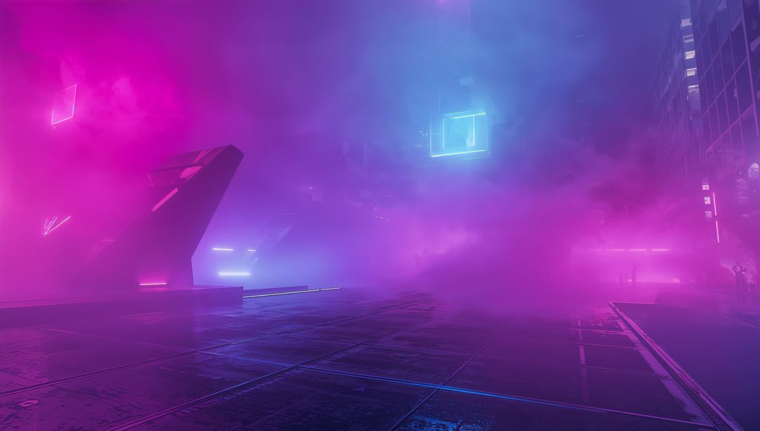 Magenta-Cyan Cyberpunk Plaza Bathed in Neon Fog with Floating Glowing Cube and Monolith