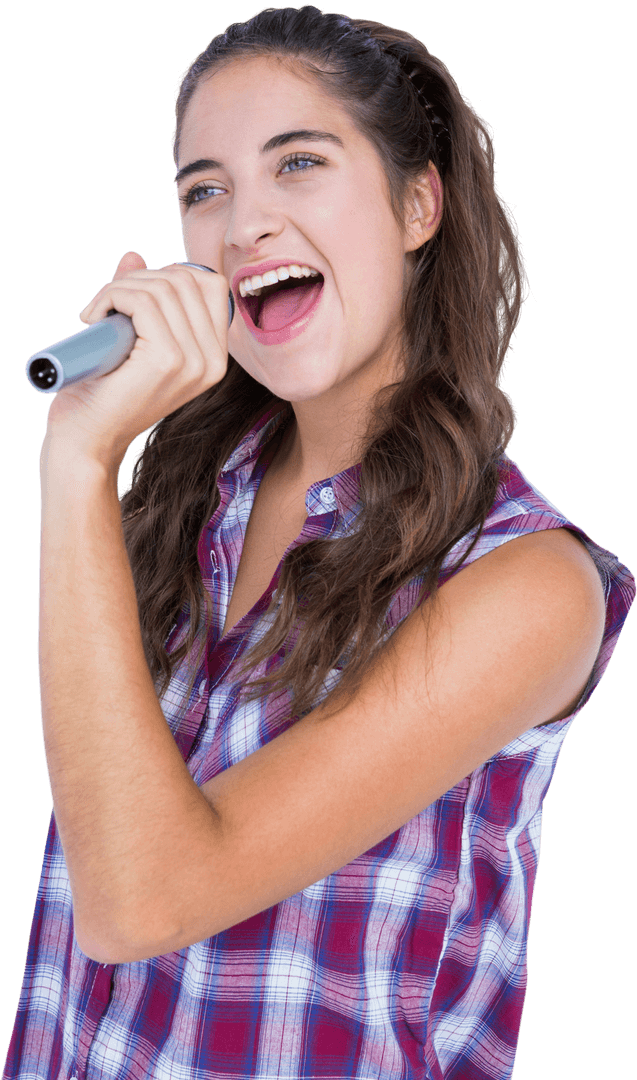 Transparent Background Happy Woman Singing in Microphone