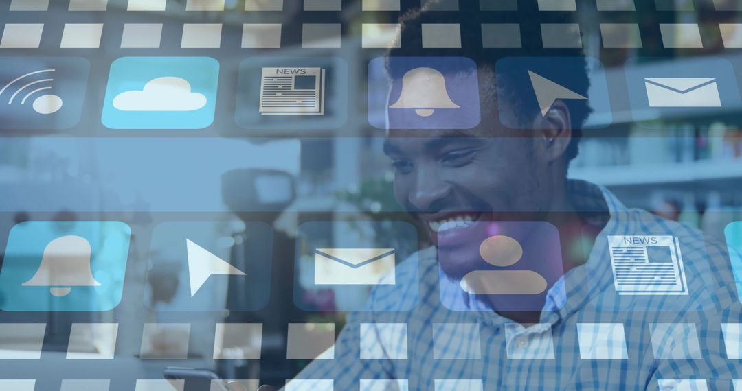 Man Engaging with Digital App Icons in Modern Home Office